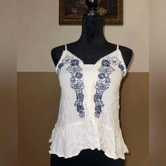 White and Blue Floral Embroidered Women's Top - Picture 2 of 12